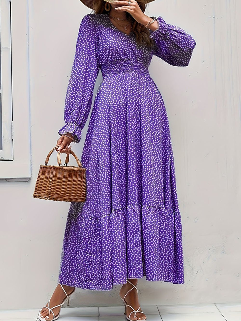 Purple Polka Dot Print Surplice V-Neck Smocked Waist Tiered Ruffle Maxi Dress 5