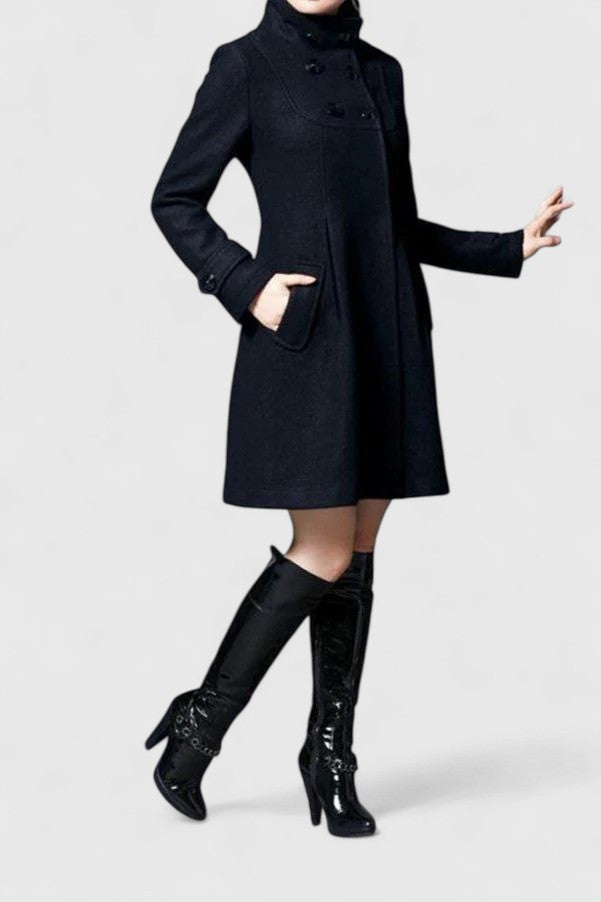 Hooded Double-Breasted Button Wool Pocket Swing Coat