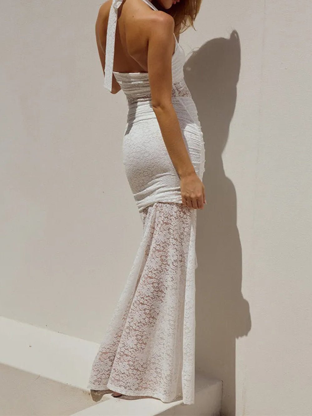 Lace Halter Neck Sweetheart Ruched Center Ruffle High Split Maxi Dress 8