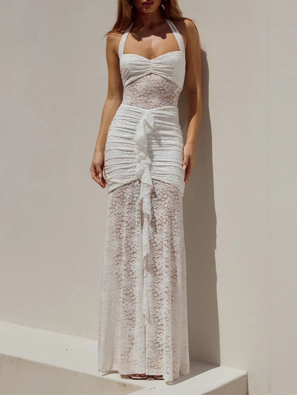 Lace Halter Neck Sweetheart Ruched Center Ruffle High Split Maxi Dress 7