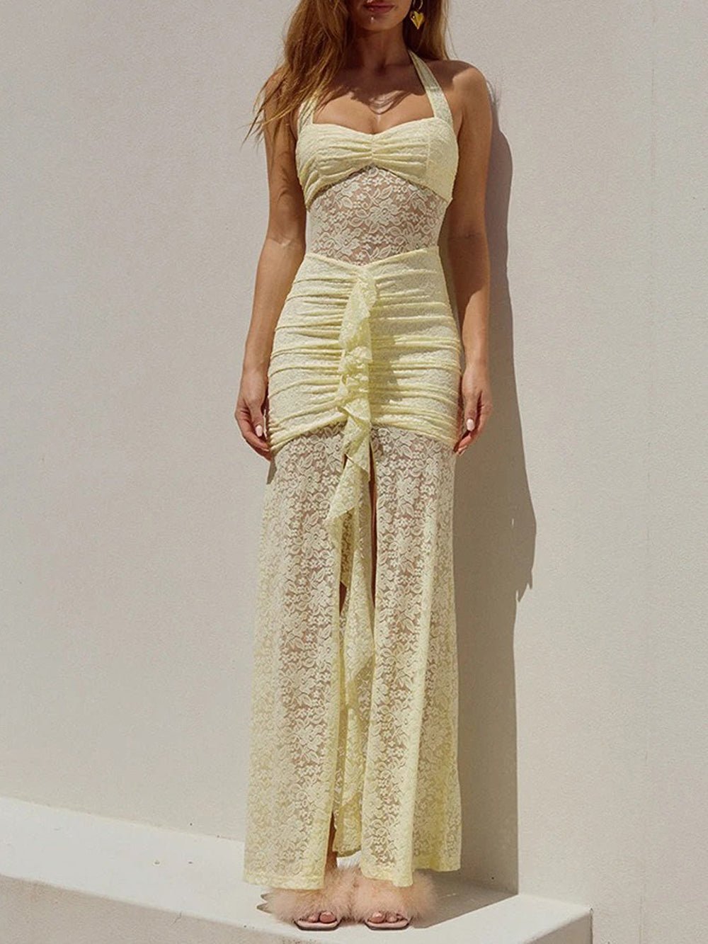 Lace Halter Neck Sweetheart Ruched Center Ruffle High Split Maxi Dress 4