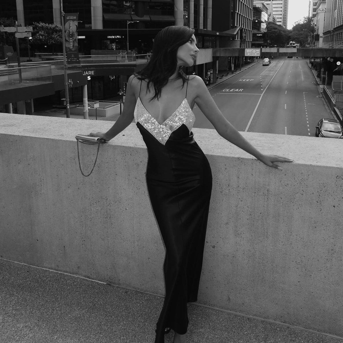Black Rhinestone Strap Crystal Embellished V-Neck Satin Bodycon Maxi Dress