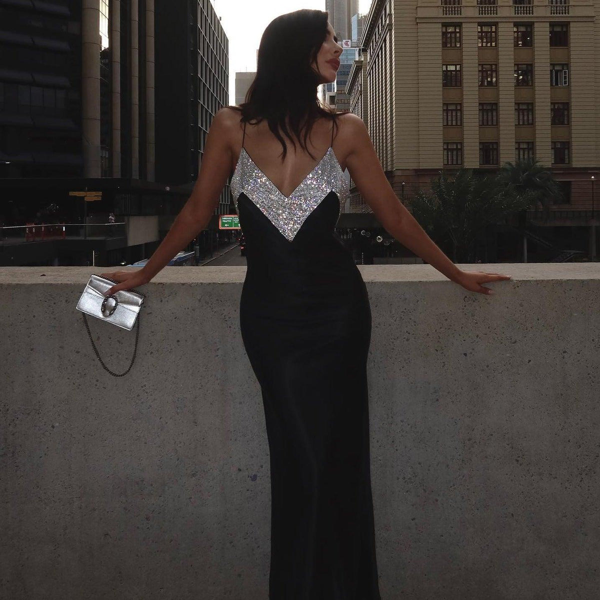 Black Rhinestone Strap Crystal Embellished V-Neck Satin Bodycon Maxi Dress