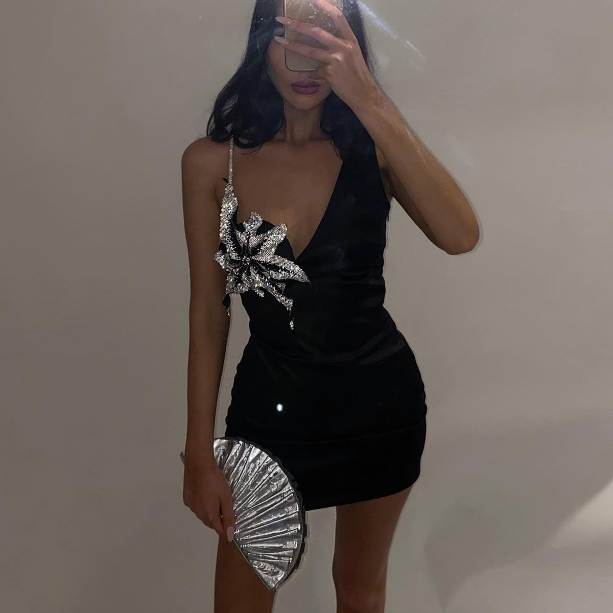 Black One-Shoulder Plunge Crystal Floral Applique Bodycon Mini Dress