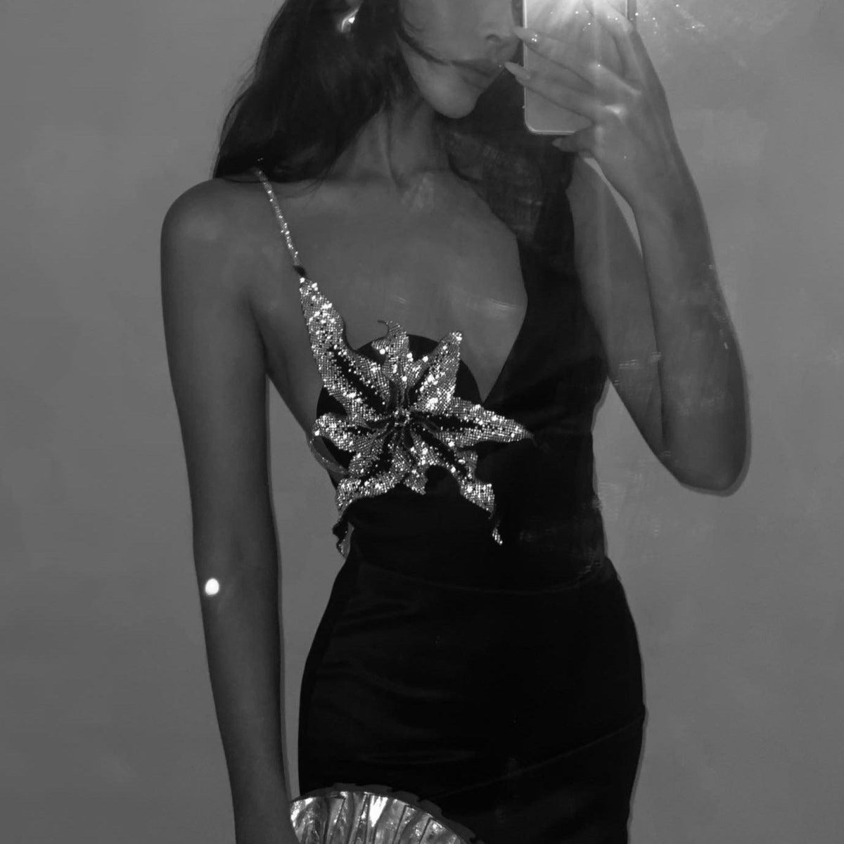 Black One-Shoulder Plunge Crystal Floral Applique Bodycon Mini Dress