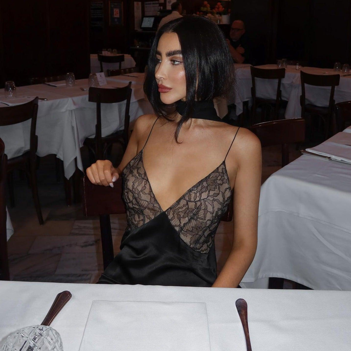 Black Spaghetti Strap Lace V-Neck Satin Fishtail Mermaid Maxi Dress