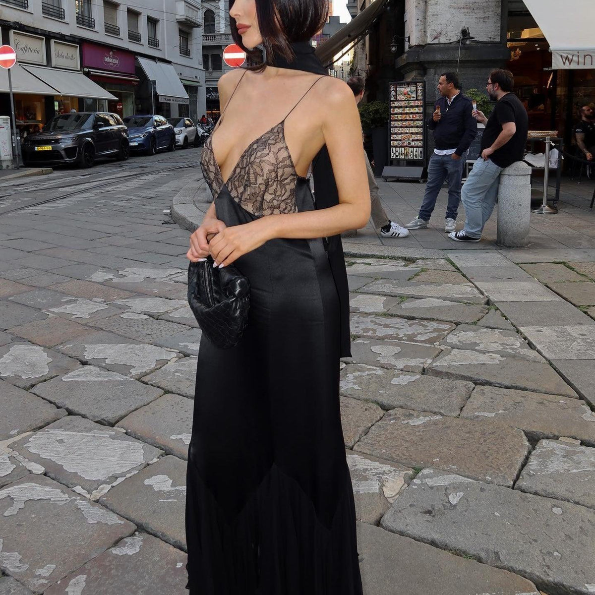 Black Spaghetti Strap Lace V-Neck Satin Fishtail Mermaid Maxi Dress