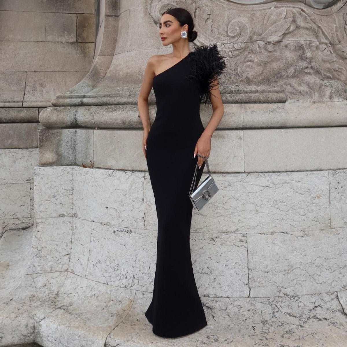 Black One Shoulder Feather Trim Mermaid Maxi Gown