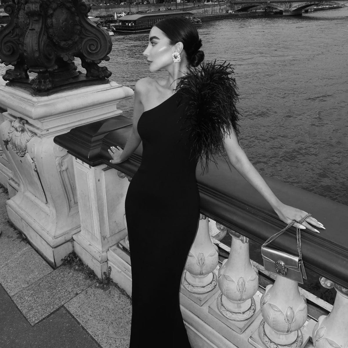 Black One Shoulder Feather Trim Mermaid Maxi Gown 5
