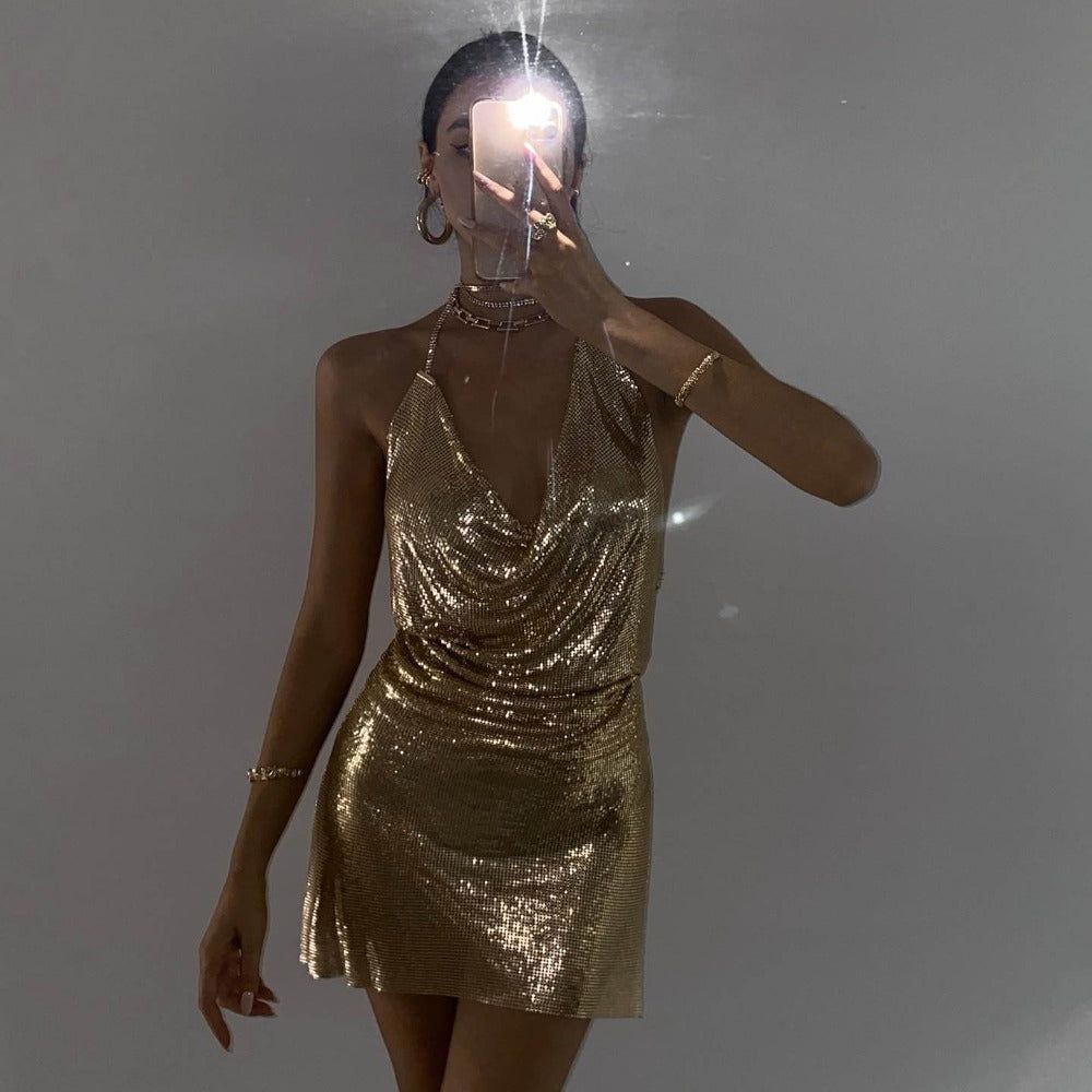 Gold Halter Cowl Neck Metallic Chainmail Backless Bodycon Mini Dress