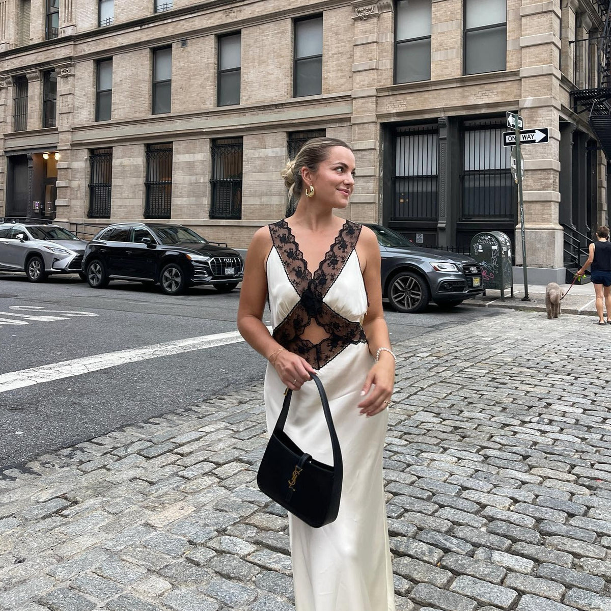 V-Neck Lace Trim Satin Cutout Slip Maxi Dress
