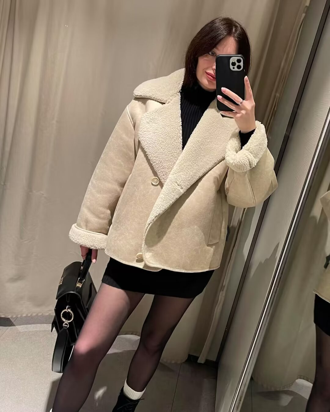 Notched Lapel Sherpa Trim Faux Suede Shearling Jacket 7