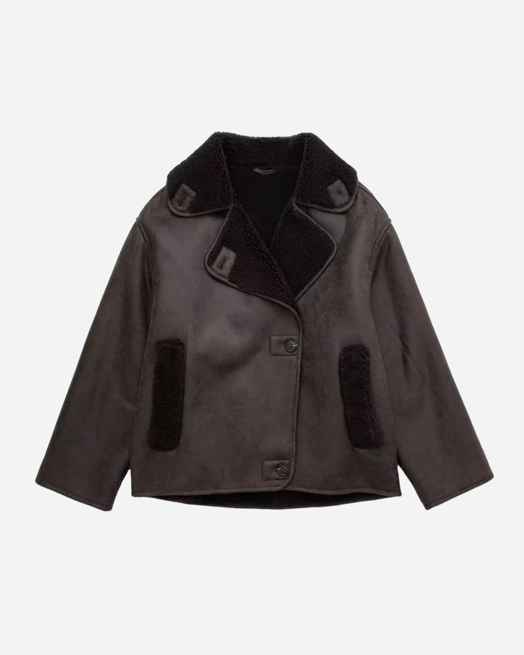 Notched Lapel Sherpa Trim Faux Suede Shearling Jacket