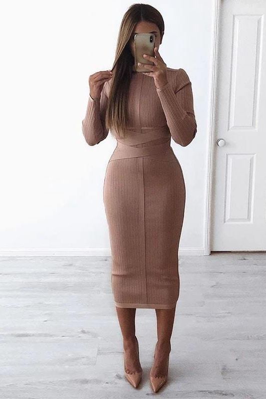 Jane Long Sleeve Bodycon Midi Dress - White Pearl (Sale)