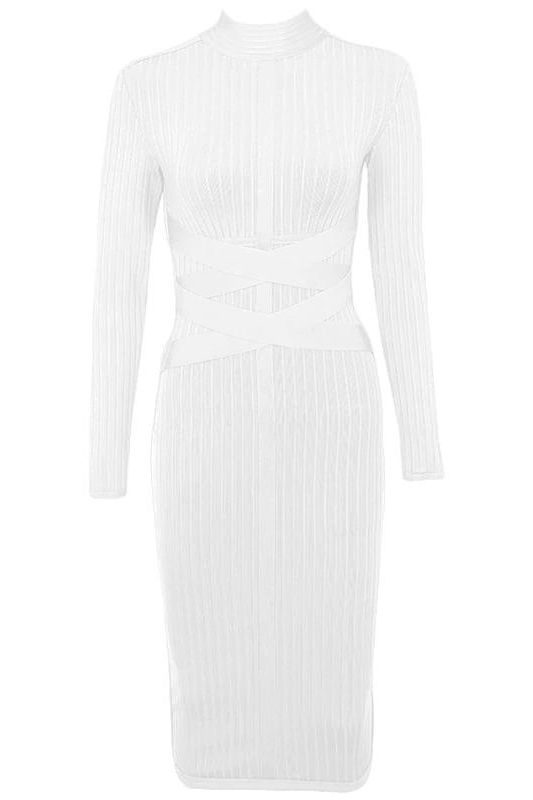 Jane Long Sleeve Bodycon Midi Dress - White Pearl (Sale)