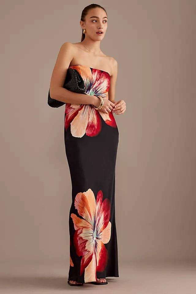 Eugenia Effortless Strapless Maxi Dress with Flower Print Evening Wear Edit