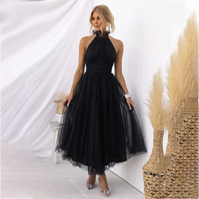 Halter Neck Sleeveless Tulle Fit-and-Flare Maxi Dress
