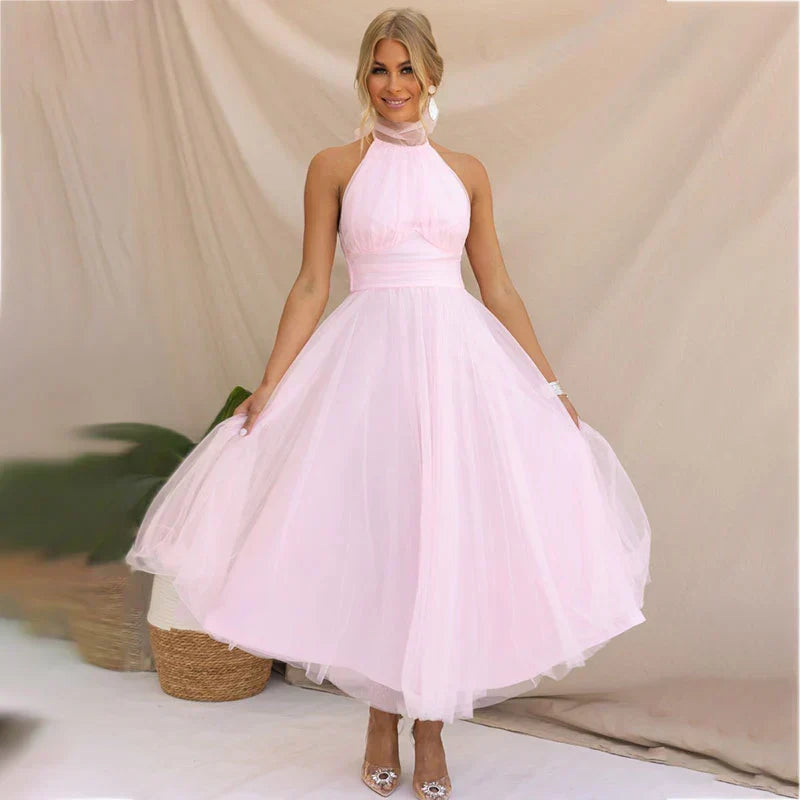 Halter Neck Sleeveless Tulle Fit-and-Flare Maxi Dress