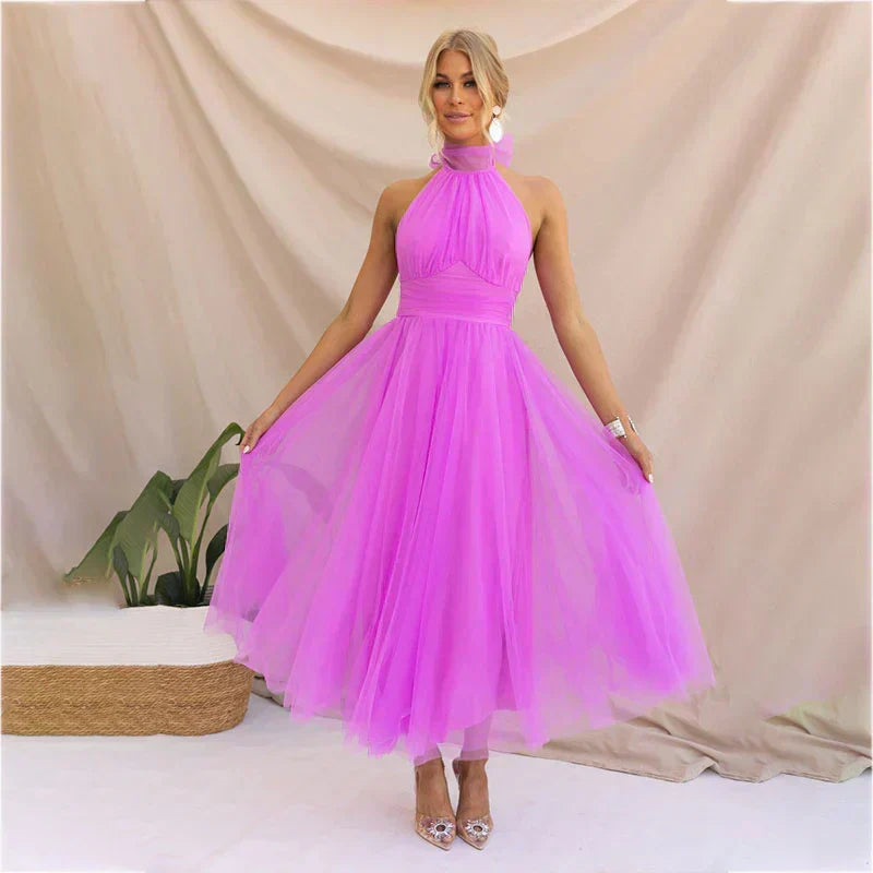 Halter Neck Sleeveless Tulle Fit-and-Flare Maxi Dress