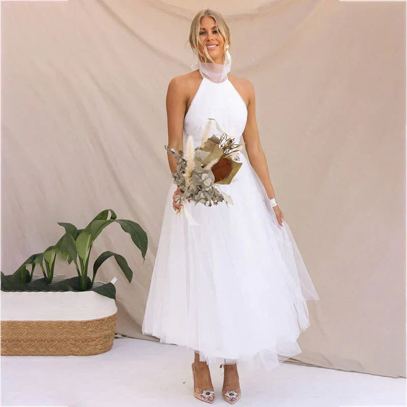 Halter Neck Sleeveless Tulle Fit-and-Flare Maxi Dress