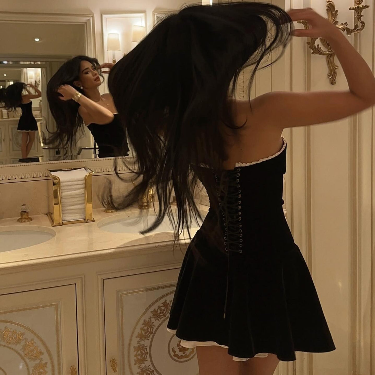 Black Strapless Contrast Trim Velvet Flared Skater Mini Dress