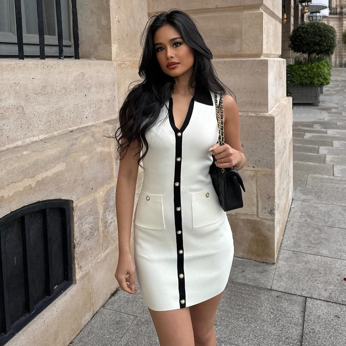 White Collared Contrast Trim Pearl Button Sleeveless Knit Mini Dress