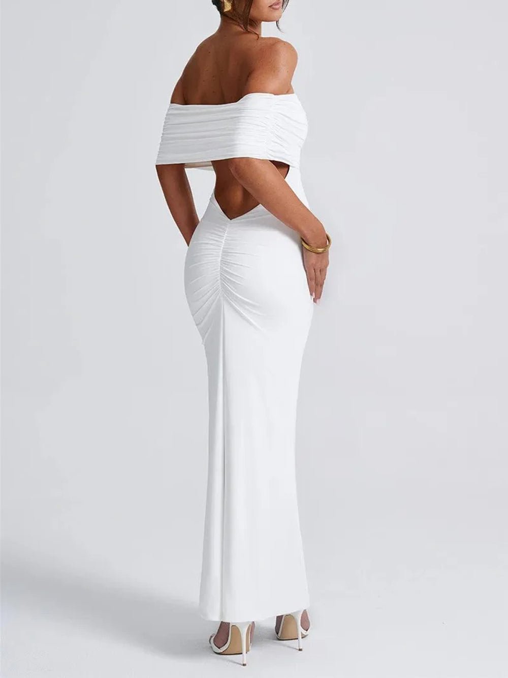 Off Shoulder Ruched Bust Band Bodycon Maxi Dress 11