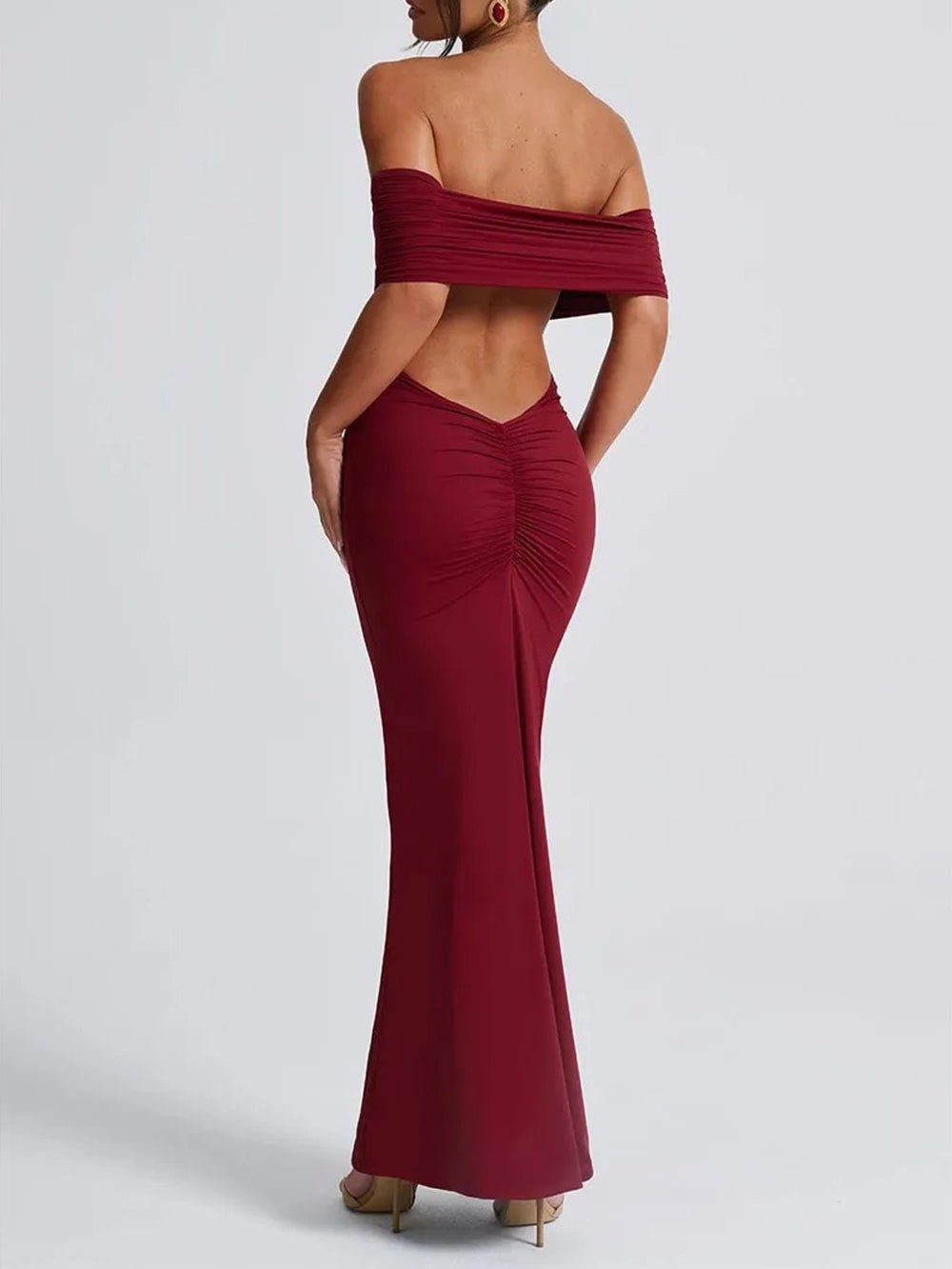 Off Shoulder Ruched Bust Band Bodycon Maxi Dress 6