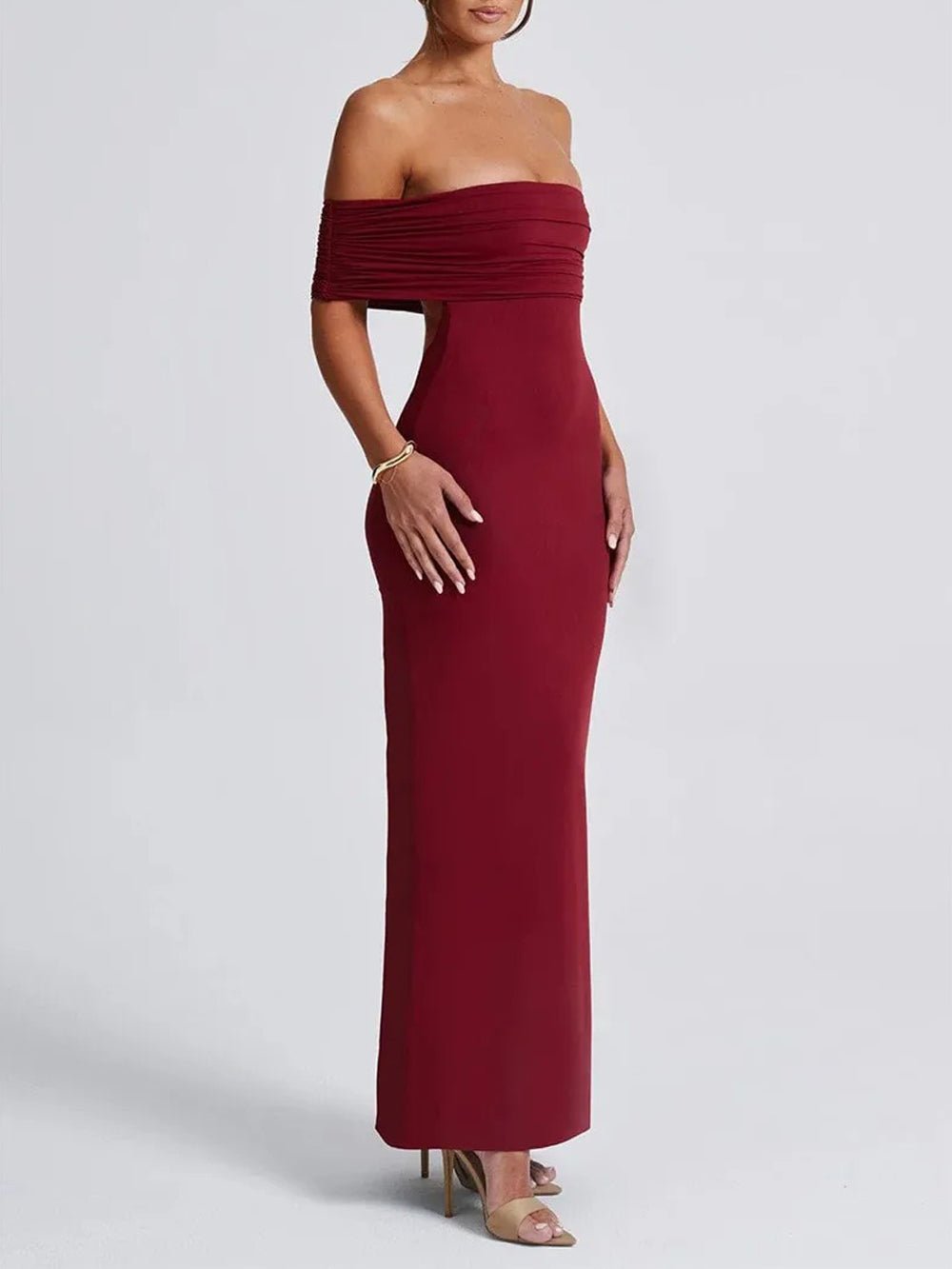 Off Shoulder Ruched Bust Band Bodycon Maxi Dress 7