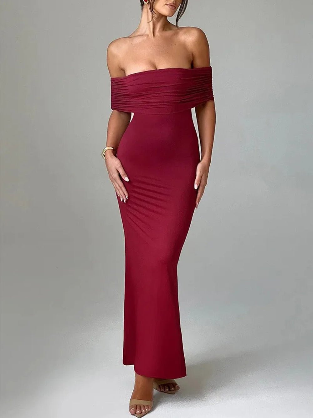 Off Shoulder Ruched Bust Band Bodycon Maxi Dress 5