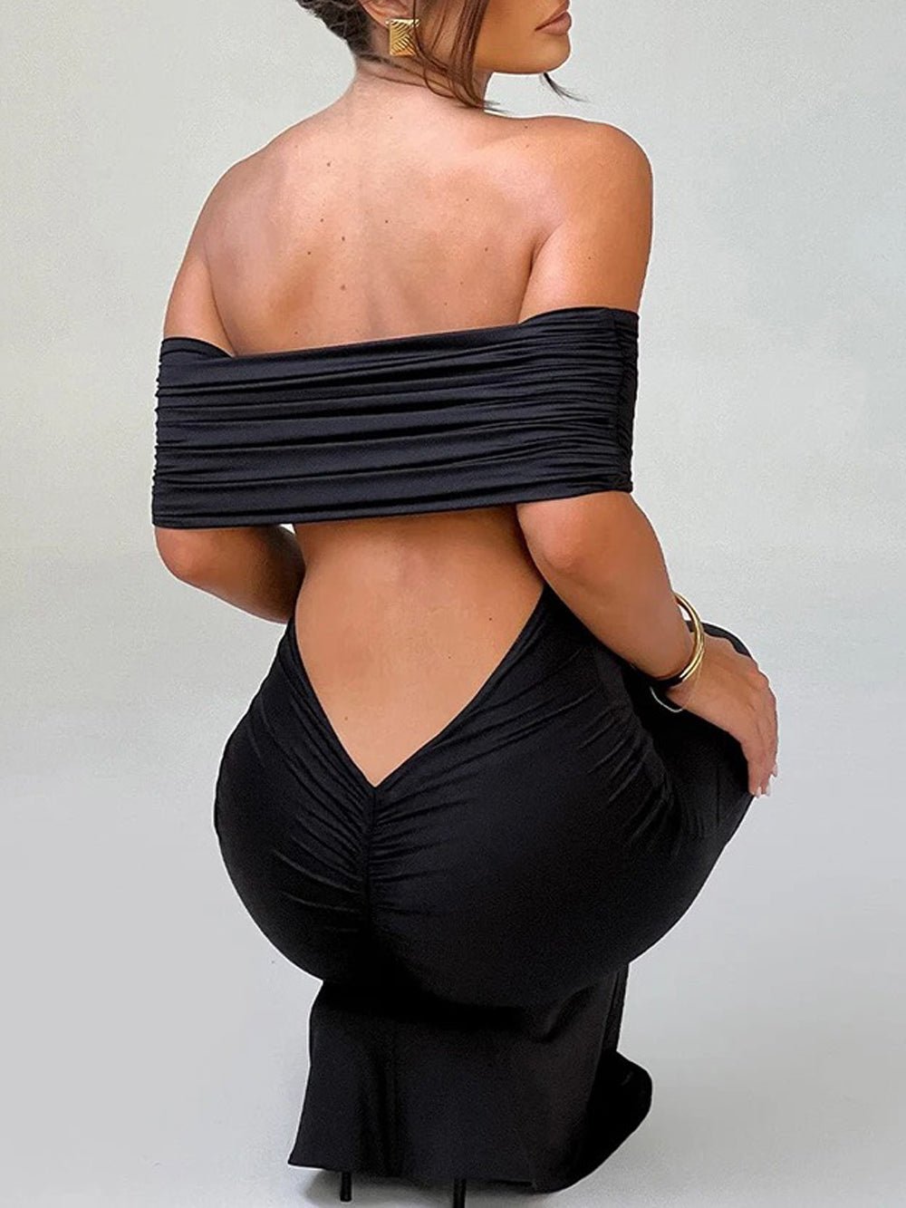 Off Shoulder Ruched Bust Band Bodycon Maxi Dress 4