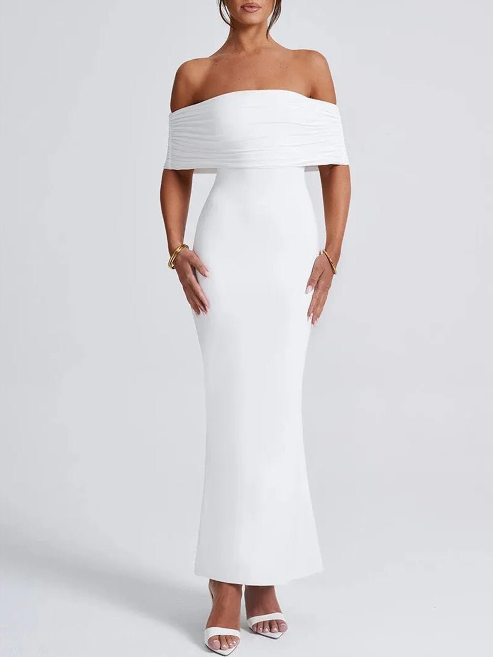 Off Shoulder Ruched Bust Band Bodycon Maxi Dress 9