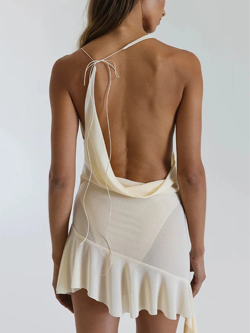 Halter Cowl Neck Ruched Asymmetric Ruffle Drape Train Mini Dress 6