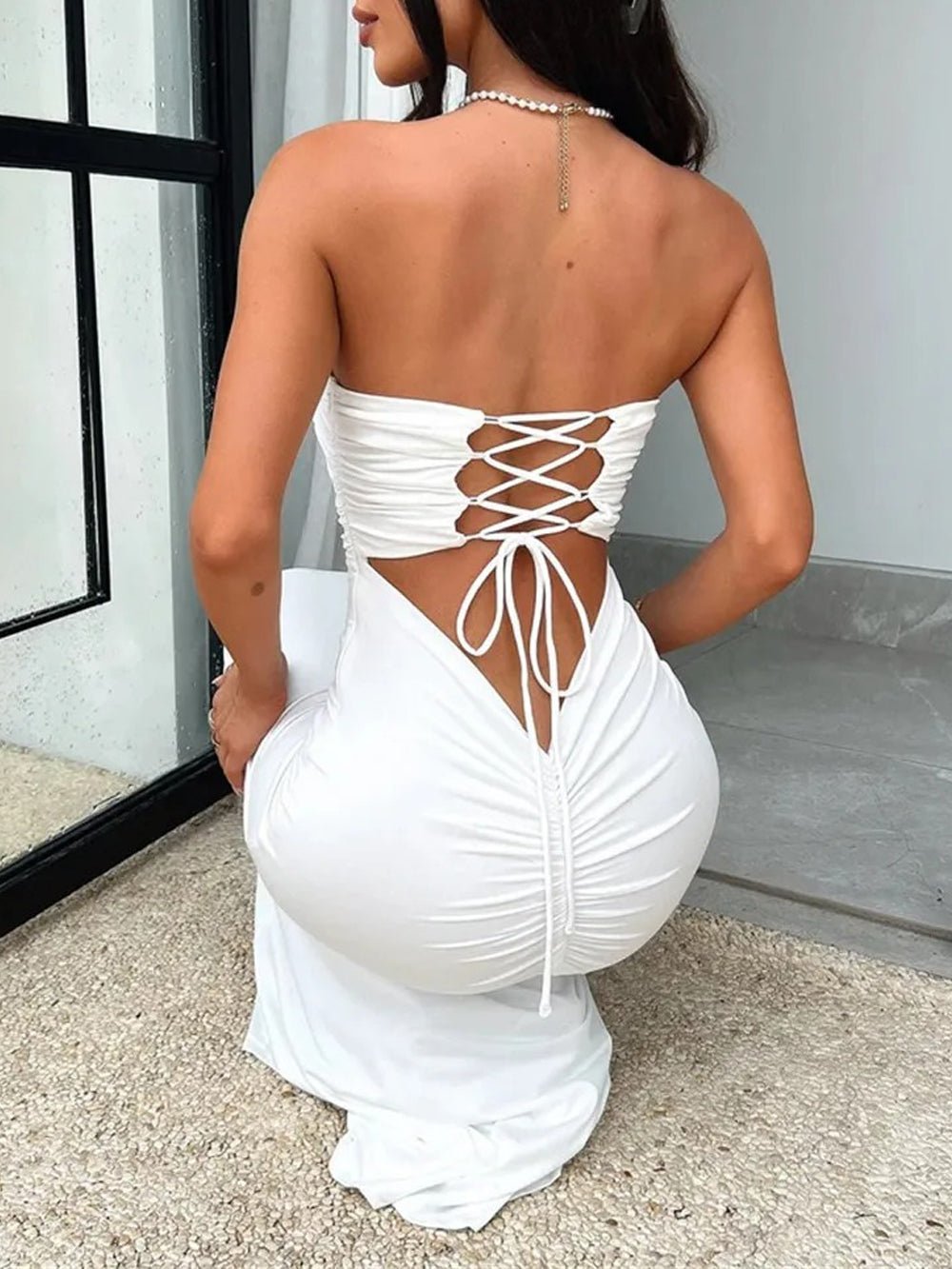 Strapless Bandeau Horizontal Ruched Bodycon Column Maxi Dress 15