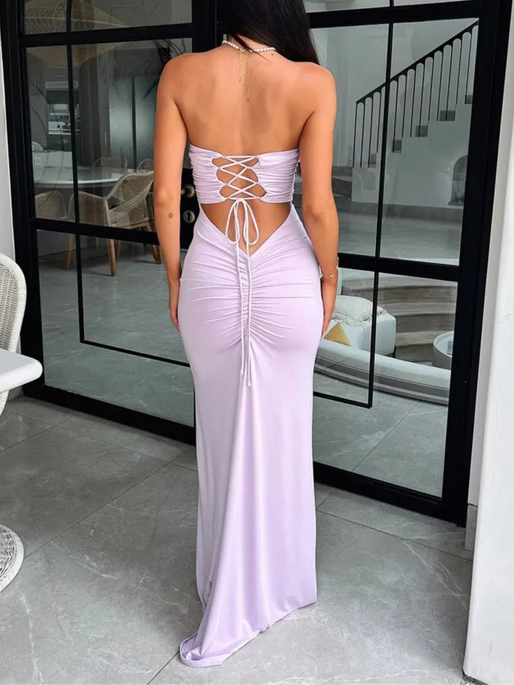 Strapless Bandeau Horizontal Ruched Bodycon Column Maxi Dress 9