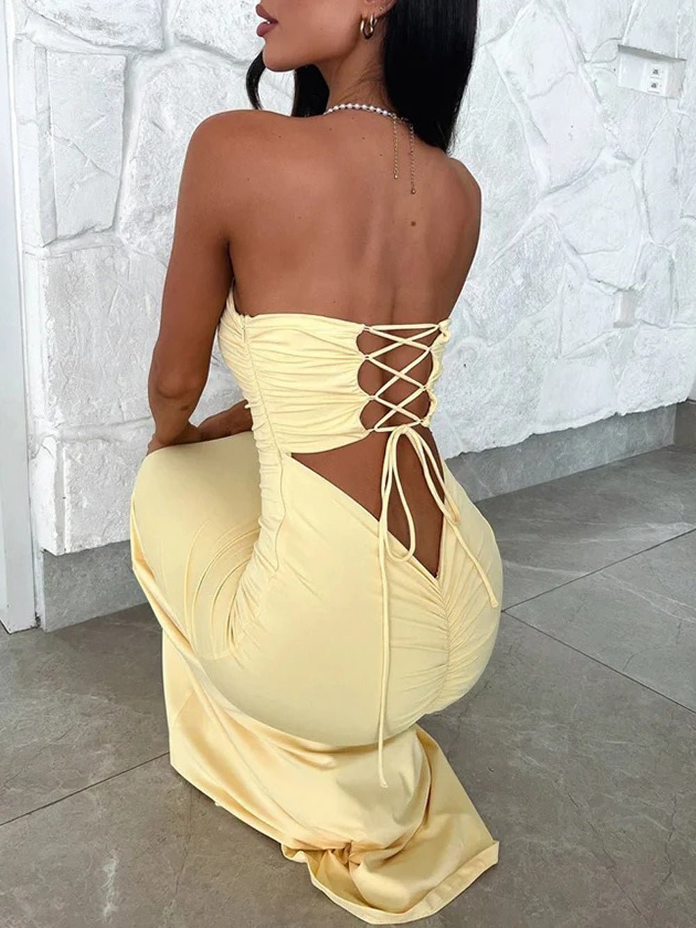 Strapless Bandeau Horizontal Ruched Bodycon Column Maxi Dress 3