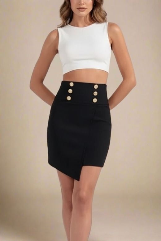 Woman wearing a figure flattering Jessie Mini Pencil Skirt - Classic Black BODYCON COLLECTION Pty Ltd