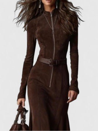 Brown Belted Waist Suede Long Sleeve Fitted Mermaid Midi Dress 3