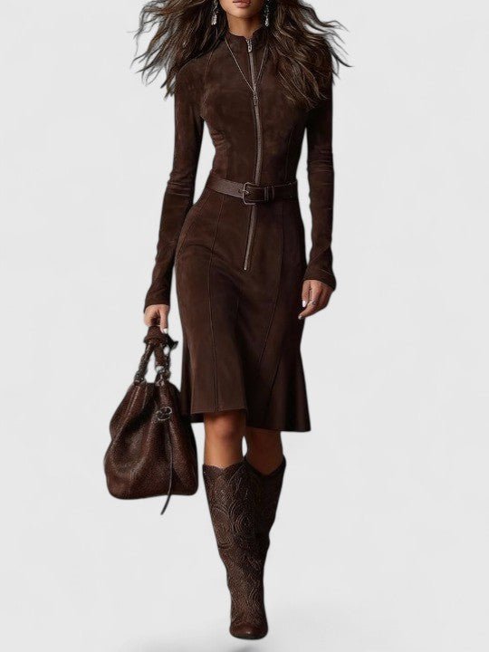 Brown Belted Waist Suede Long Sleeve Fitted Mermaid Midi Dress 2