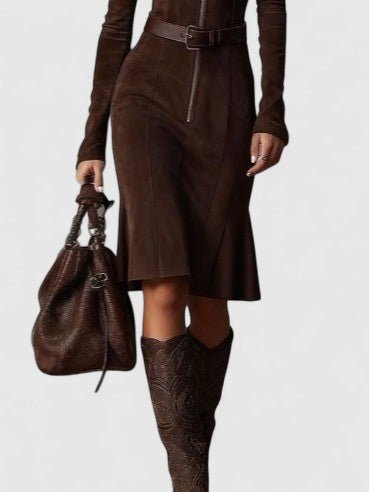 Brown Belted Waist Suede Long Sleeve Fitted Mermaid Midi Dress