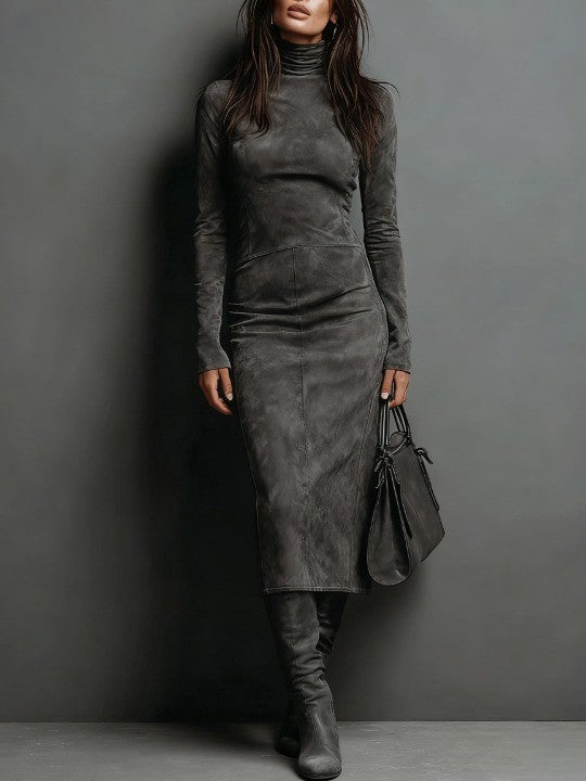 Turtleneck Suede Long Sleeve Bodycon Midi Dress