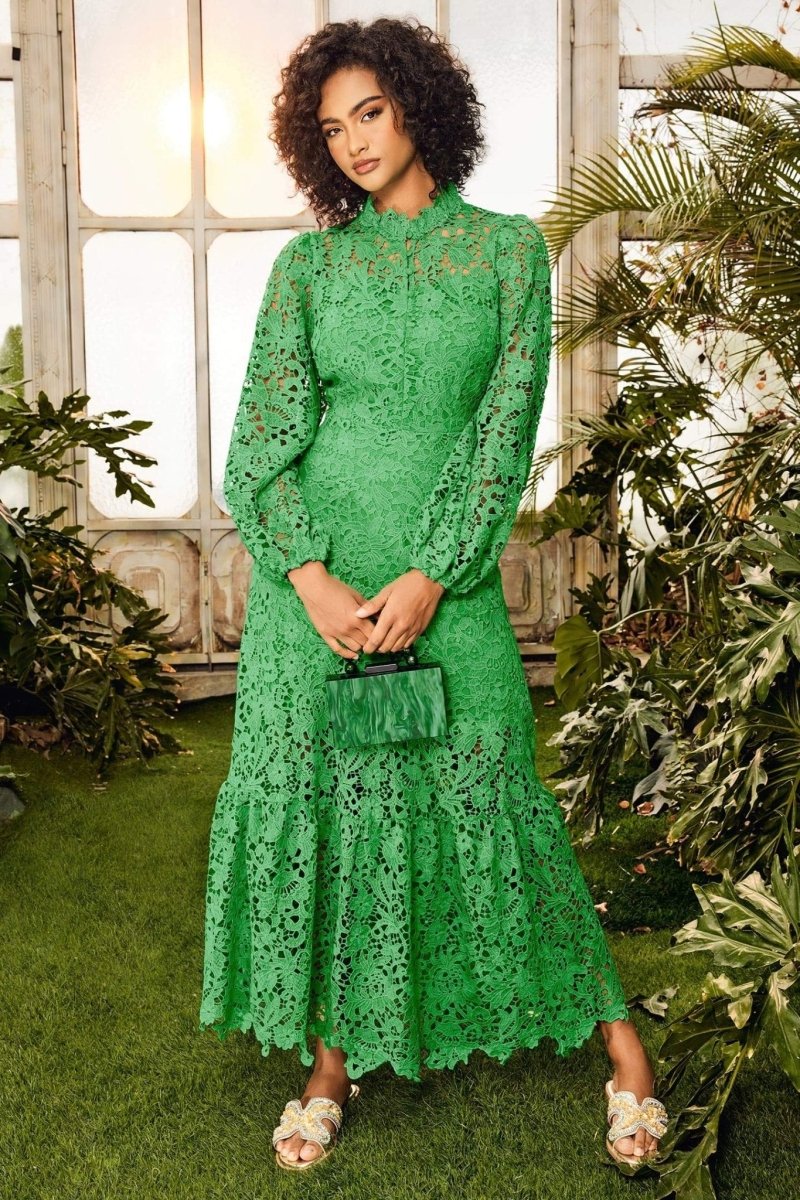 Florencia Premium Flared Maxi Dress with Embroidered Lace Evening Wear Edit
