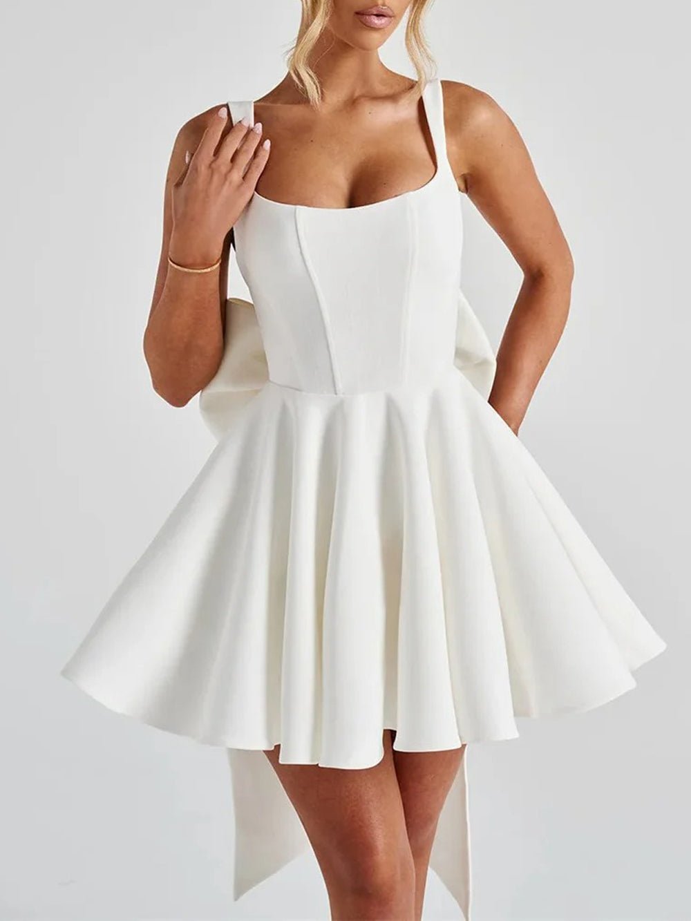 Square Neck Corset Bodice Bow Back Fit and Flare Mini Dress 3