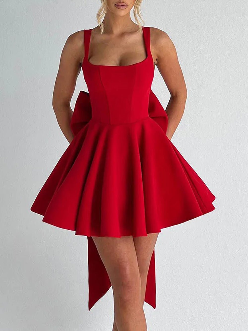 Square Neck Corset Bodice Bow Back Fit and Flare Mini Dress 4