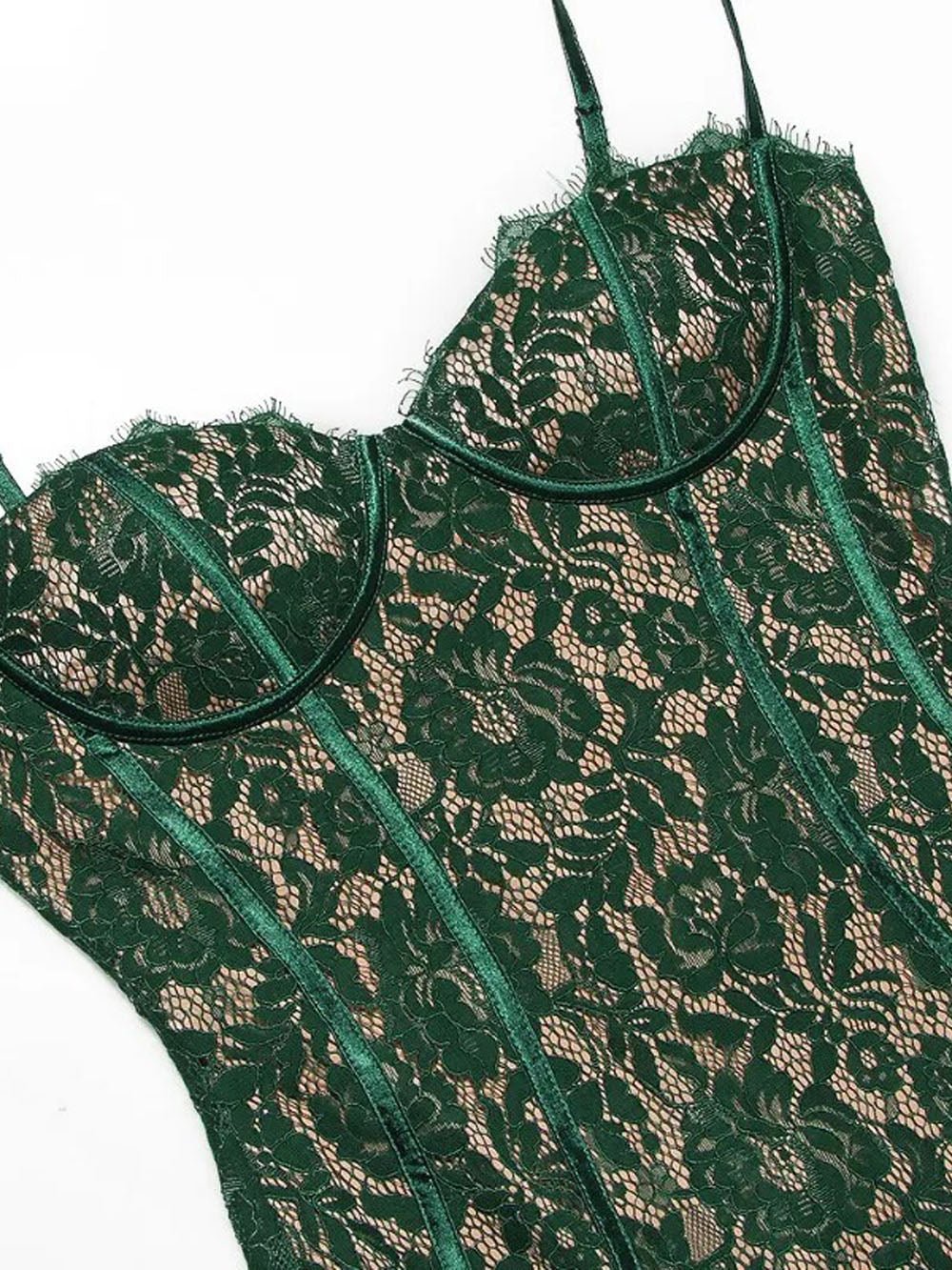 Green Lace Spaghetti Strap Corset Sweetheart Scalloped Hem Bodycon Midi Dress 6