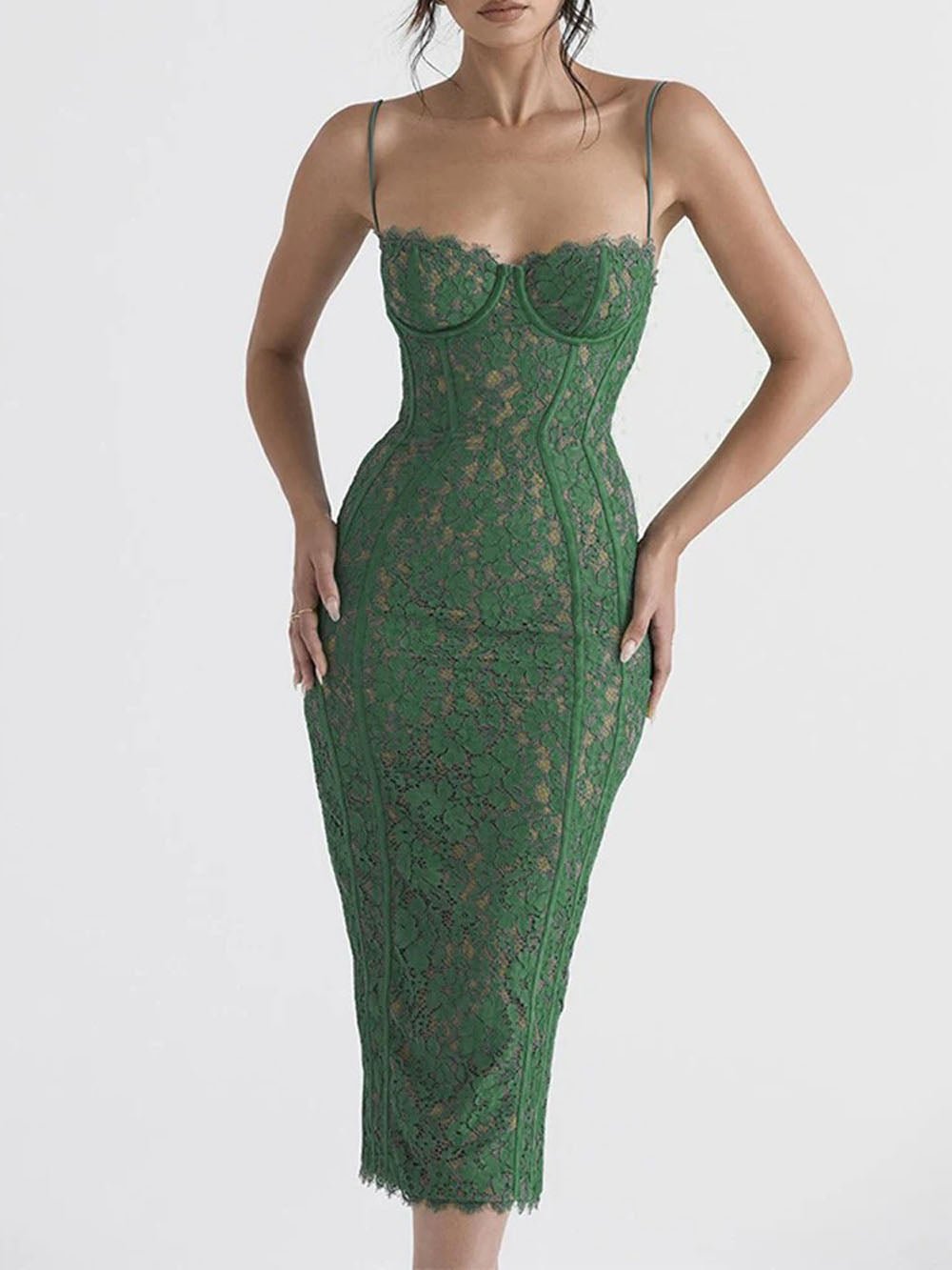 Green Lace Spaghetti Strap Corset Sweetheart Scalloped Hem Bodycon Midi Dress 3