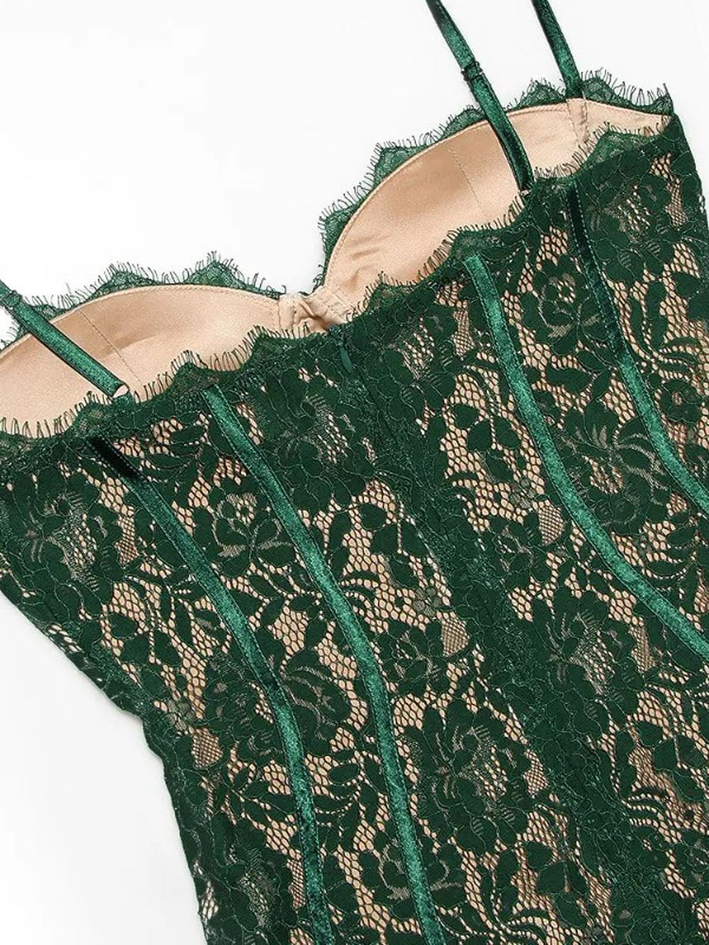 Green Lace Spaghetti Strap Corset Sweetheart Scalloped Hem Bodycon Midi Dress 7