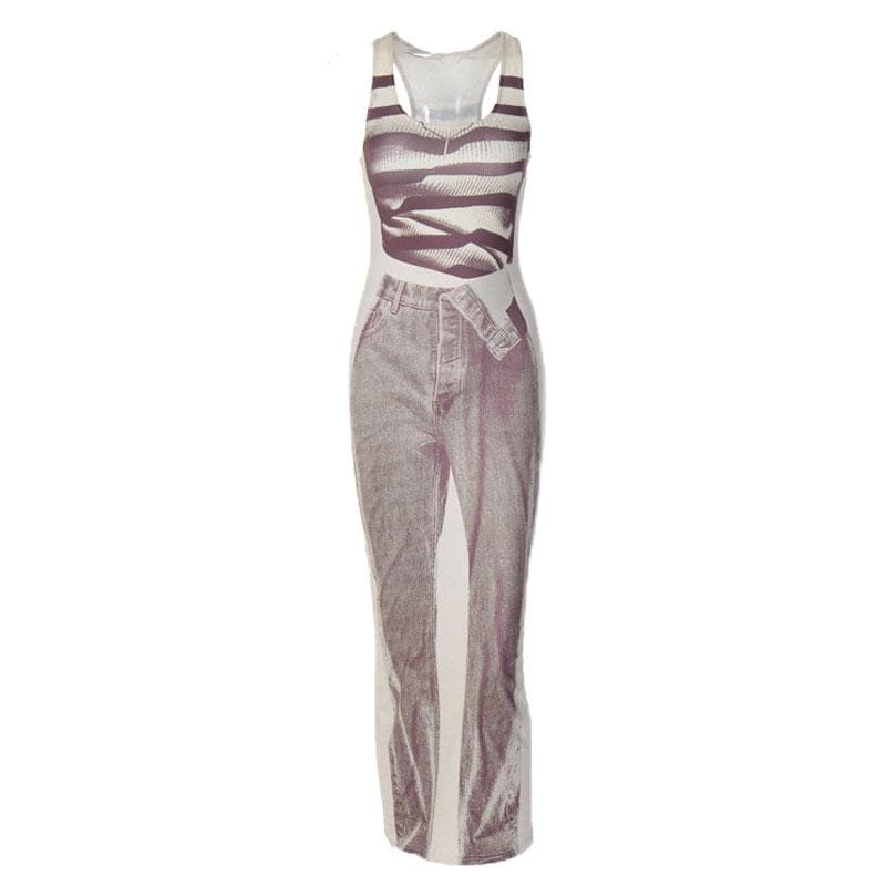 Contrast print sleeveless u neck maxi dress