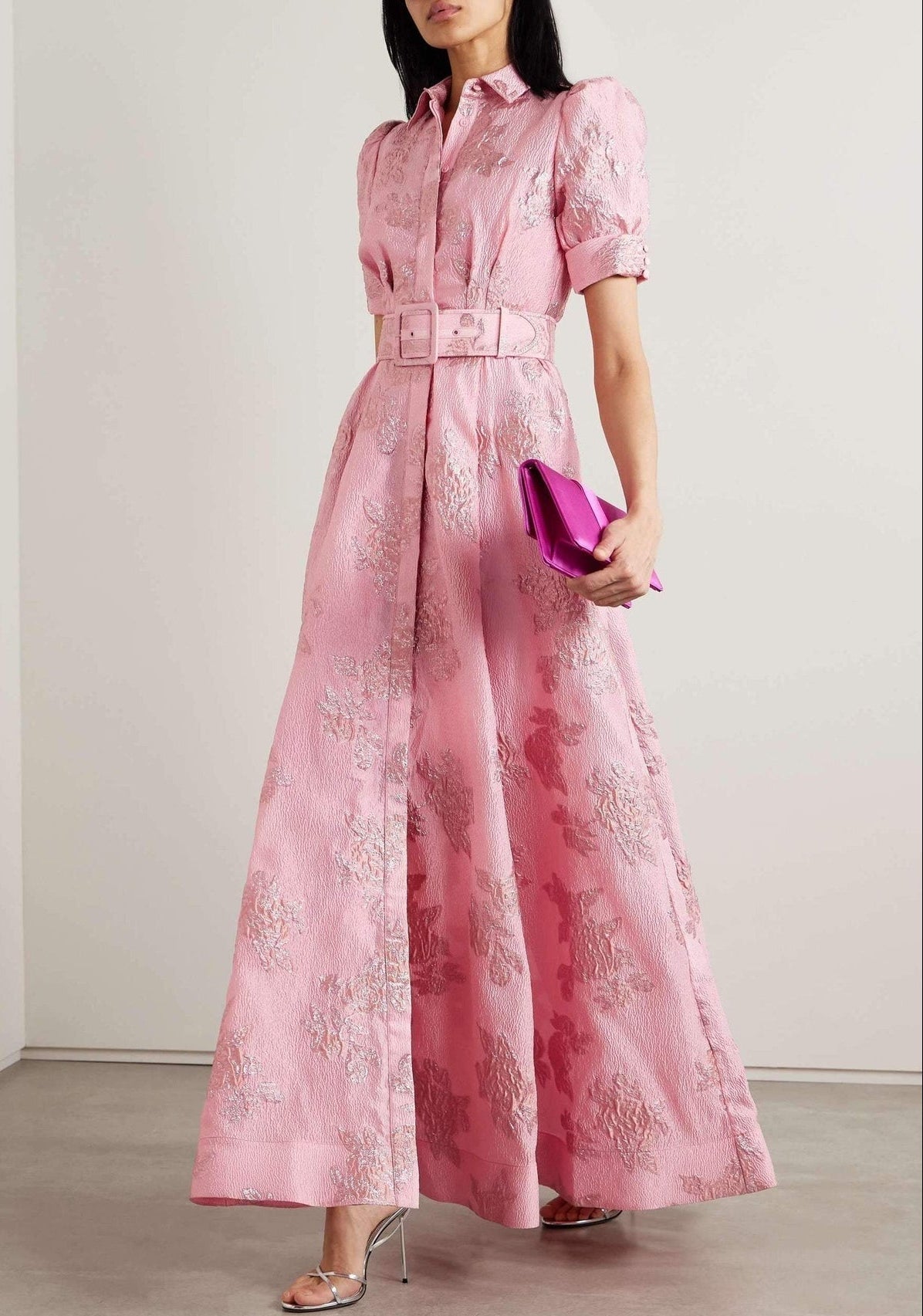 Collared Puff Sleeve Floral Jacquard Belted A-Line Maxi Dress