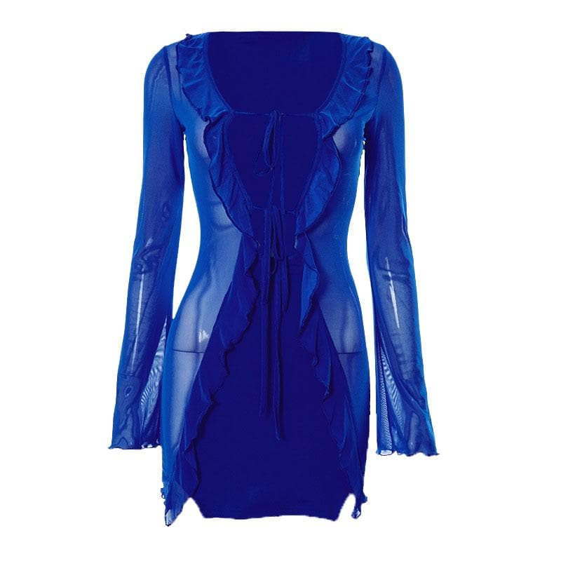 Long sleeve contrast print self tie ruffle mini dress